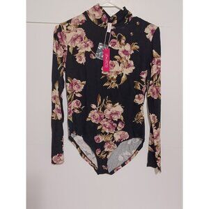 Dou BCQ Women's Turtleneck Leotard Long Sleeve Size L Black/Floral  Body suit